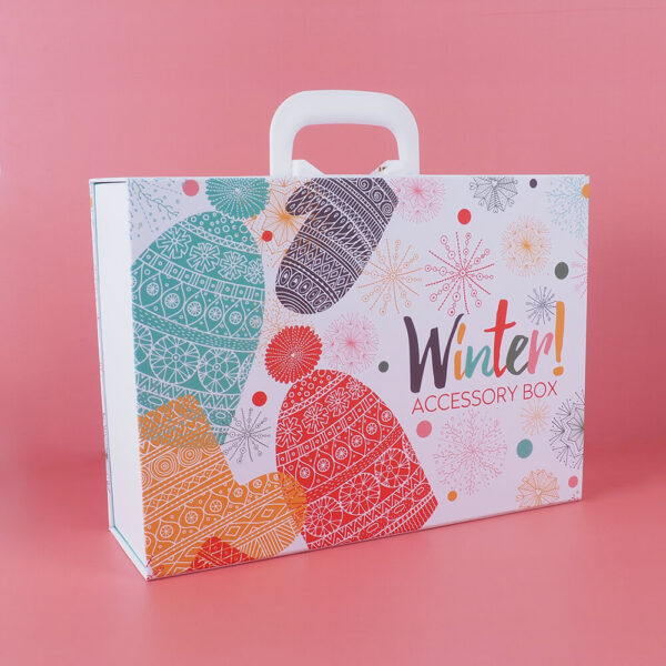 cardboard box with winter themed bag